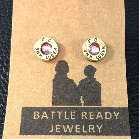 9mm Bullet Earrings W/ Swavorski Pink Crystal - Picture 2 of 4